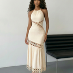 Cream Halter Neck  Crochet Ring Detail Maxi Dress