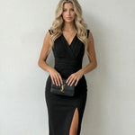 Black Solid Ruched V-Neck Sleeveless Slit Bodycon Midi Dress