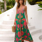 Green Tropical Floral Print Spaghetti Strap Maxi Dress