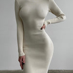 High Collar Mid-length Pitted Knitted Dresses Women's Solid Color Knitted Dress