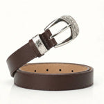 Coffee Faux Leather Engraved Silver Buckle Western Style Belt