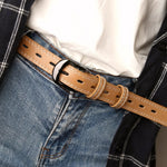 Khaki PU Leather White Stitching Gunmetal Buckle Casual Belt