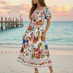 Colorful Floral Print Puff Sleeve Crop Top Midi Skirt Set
