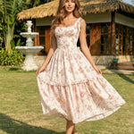 White Floral Print Tie Strap Tiered Midi Dress