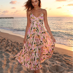 Multicolor Abstract Floral Ruched V Neck Pleated Midi Dress