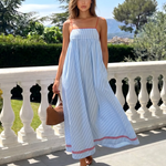 Blue White Stripe Red Trim Spaghetti Strap Maxi Dress