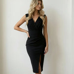 Black Solid Ruched V-Neck Sleeveless Slit Bodycon Midi Dress