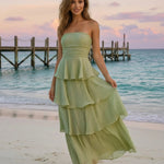 Sage Green Tiered Crinkled Fabric Slim Fit Maxi Dress