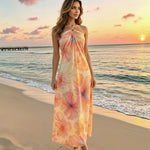 Orange Pastel Floral Print Halter Maxi Dress