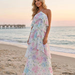 White Floral Print Halter Tiered Chiffon Maxi Dress