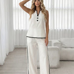 White Black Sleeveless Wide Leg Pants Two Piece Set