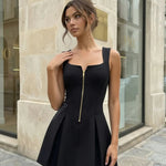Black Gold Zipper Corset Waist Pleated Mini Party Dress