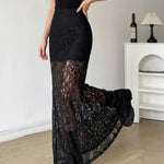 Black Lace High Waist Flared Mermaid Floor Length Maxi Skirt