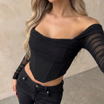 Black Off Shoulder Mesh Sleeve Sweetheart Corset Crop Top