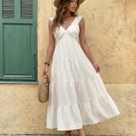 White Ruffle Cap Sleeve V-Neck Tiered Midi Dress