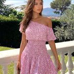Pink Ditsy Floral One Shoulder Smocked Ruffle Mini Dress