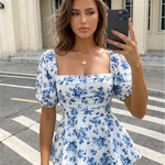White Blue Rose Floral Print Square Neck Short Puff Sleeve Blouse