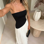 Black White Color Block Strapless Pleated Midi Dress