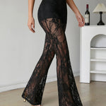 Black Floral Sheer Lace High Waist Flare Bell Bottom Pants