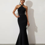Black Halter Neck Rhinestone Mermaid Dress
