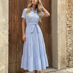 Stripe Collared V-Neck Tiered Belt Maxi Shirt Dress