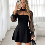 Black Long Sleeve Mock Neck Tie Cutout Flared Skater Mini Dress