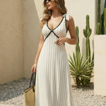 White Striped Scallop Trim Tie Strap Maxi Dress