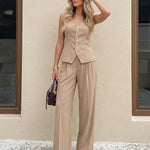 Beige Pinstripe High Waist Pleated Wide Leg Trousers