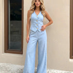 Blue Textured Fabric Gold Button Sleeveless Vest Wide Leg Pants Two Piece Set