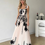 Cream Black Silhouette Floral Tie Strap Pleated Maxi Dress