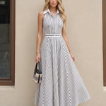Black White Mixed Stripe Collared Sleeveless High Waist Maxi Dress