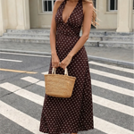 Brown White Tiny Polka Dot Halter Deep V Neck Maxi Dress