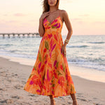 Orange Tropical Print Twisted V Neck Pleated Midi Dress