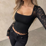 Black Square Neck Lace Long Sleeve Ruched Crop Top
