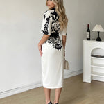 White Black Silhouette Floral Wrap Belted Midi Dress