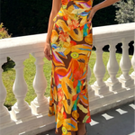 Multicolor Tropical Fruit Print Flare Midi Skirt