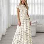 White Polka Dot Puff Short Sleeve Shirt Maxi Dress