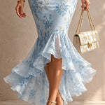 Blue Romantic Floral Midi Mermaid Dress with Lace Trim