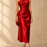 Diane One-Shoulder Ruched Satin Midi Dress