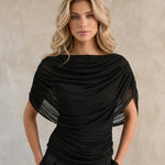 Black Draped Cape Boat Neck Ruched Waist Blouse