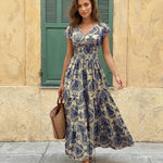 Beige Navy Floral V-Neck Cap Sleeve Smocked Tiered Maxi Dress