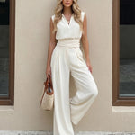 White High Waist Double Front Pleat Tailored Wide Leg Suit Pants