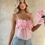 Pink Floral Mesh Spaghetti Strap Corset Crop Top
