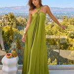 Green Ring Detail Halter Neck Sleeveless Maxi Dress