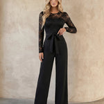 Black Lace Sleeve Bow Belt Wide Leg Jumpsuit