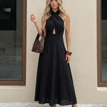 Black Cross Wrap Halter Front Keyhole Cutout Midi Dress