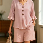 Freya Thornton | Linen Two-Piece Shorts Set with Ruffle Sleeve Detail For Women