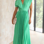 Elegant Satin Pleated V-neck Flowing Midi Dress