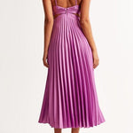 V Neck Cut Out Waist Sleeveless Pleated Maxi Dress