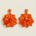 Orange Large Fabric Rose Statement Drop Earrings
